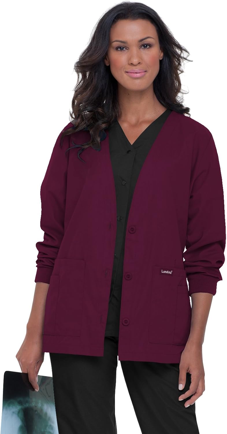 Landau Essentials 5-Pocket Cardigan Style Warm-Up Scrub Jacket for Women: Clothing