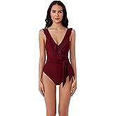 BCA by Rebecca Virtue Women's Standard Kelly Ruffle One Piece Swimsuit, Plunge V-Neck, Bathing Suits