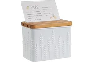 HOME PALETTE Recipe Box with Cards and Dividers Set 4x6 Recipe Holder for Kitchen Counter Metal White Ear of Wheat Pattern Em