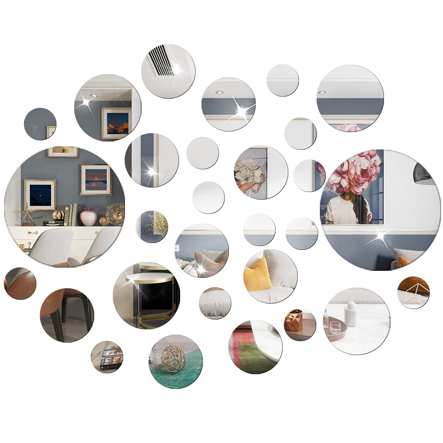 NAILDOKI DIY Wall Decals Acrylic Mirror Sticker Set 60 Pcs, Circle Mirror Wall Stickers for Living Room Bedroom Decor (Silver)