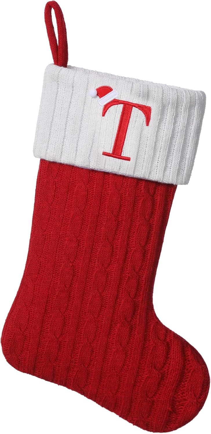 Stockings & Holders - Yehnois 19.5-inch Red Knit Monogram Christmas Stockings,Personalized Initial Christmas Stocking, Family Holiday Xmas Party Decor (Letter T)