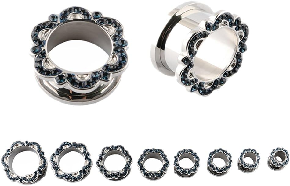Montana Gems Screw Fit Flower Design Stainless Steel Ear Gauges Flesh Tunnel Plug