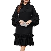 dasmzper Women's Plus Size Midi Dress Ruffle Sleeve Bow Tie Neck Casual A line Swing Midi Dresses