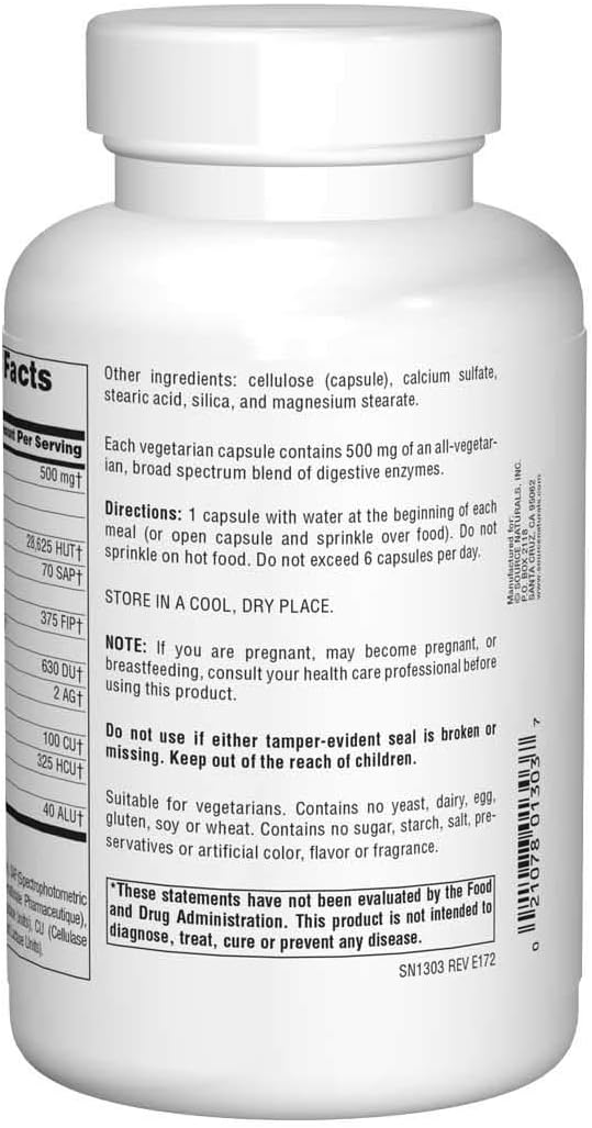 Source Naturals Essential Enzymes 500mg Bio-Aligned Multiple Enzyme Supplement Herbal Defense for Digestion, Gas, Constipation & Bloating Relief - Supports Immune System - 240 Vegetarian Capsules: Health & Personal Care