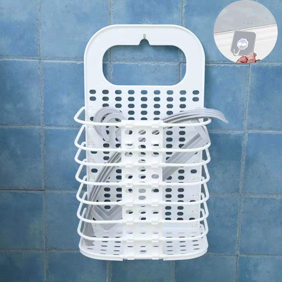 JIUJ Laundry basket Wall-mounted Foldable Dirty Clothing Basket No Punch Hanging Wall Toy Storage Basket Bathroom White