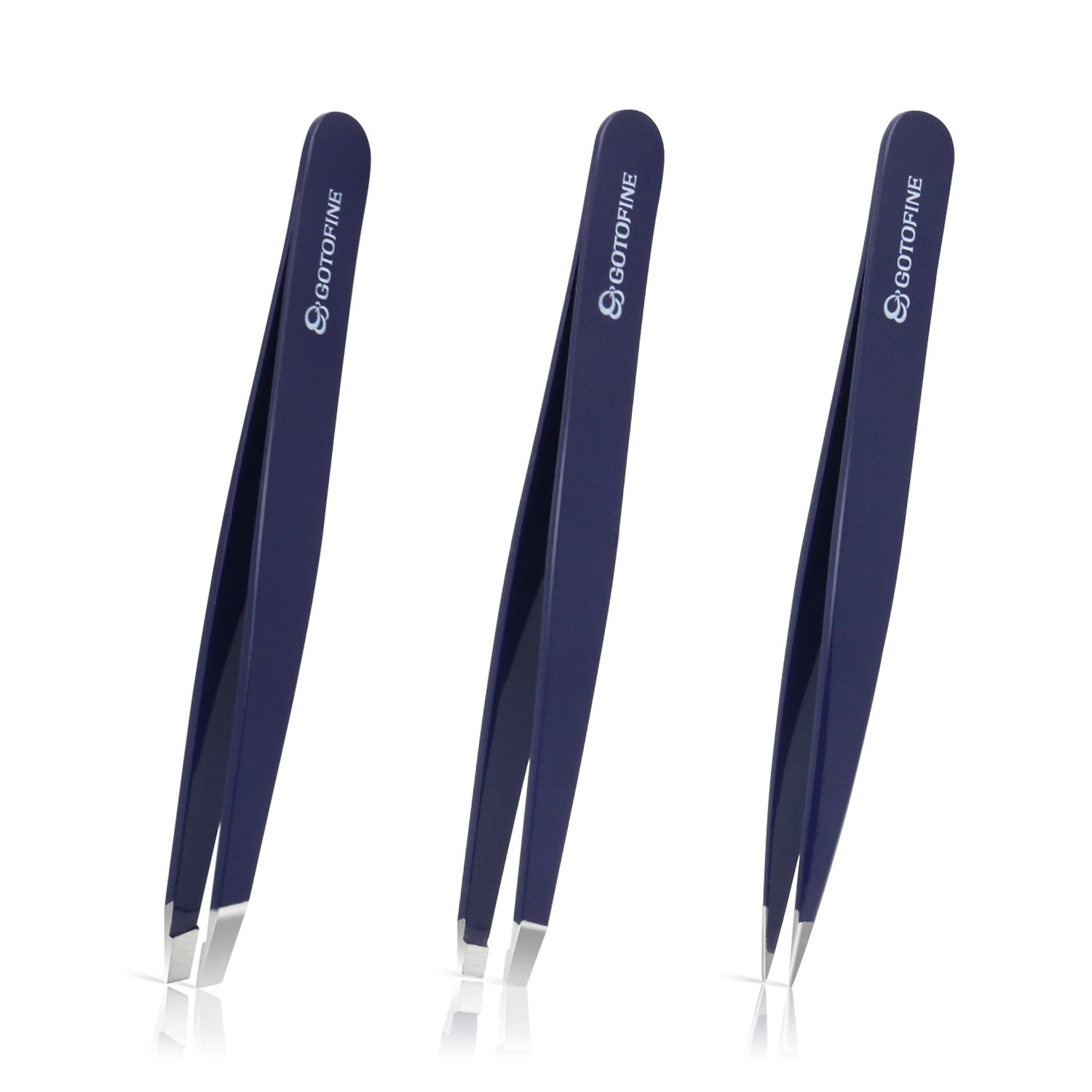 Gotofine Stainless Steel Tweezers Set of 3, Flat/Slant/Pointed, Eyebrow Plucking Strong Grip & Ultimate Precision, Includes Leather Carry Case
