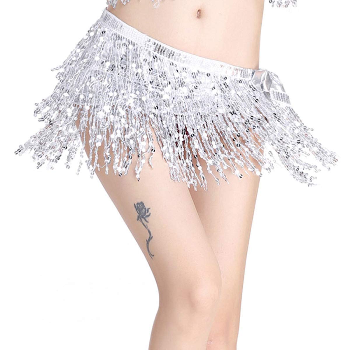 Women's Summer Beach Wrap Sequins Tassel Mini Skirts  Belly  Dance Hip Scarf Belt (Silver)