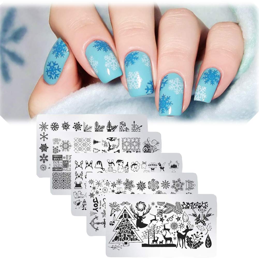 Bornbeauty 5pcs Christmas Nail Stamping Plates Santa Dear Snow Image Stamp Templates Nail Art Plates