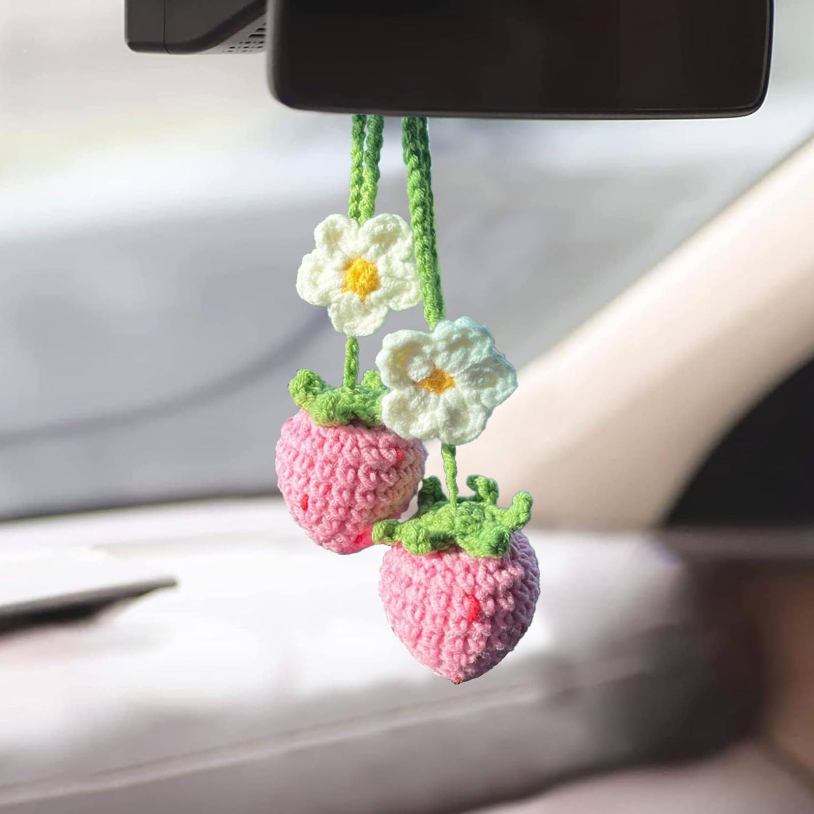Photo 1 of 2-Pack Crochet Strawberry and Flower Car Hanging Decor, Cute Rear View Mirror Accessories,Boho Hand-Made Car Interior Aesthetic Truck Hanger Ornament Charm for Women