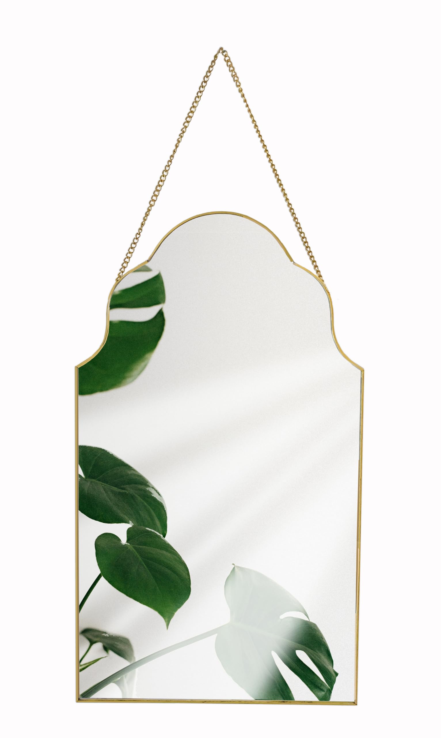 GreyZouq Decorative Arched wall mirror, Metal Frame Wall Mounted Mirror With Chain for Home Decor, Bedroom Wall Mirror In Gold Rim with chain (Gold)