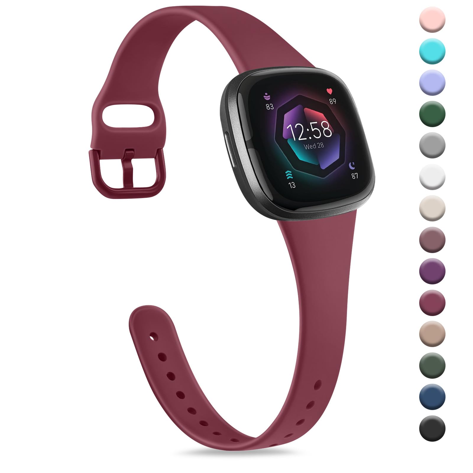 Strap compatible for Fitbit Versa 3 Straps/Sense/Sense 2 Strap for Women Men, Soft Slim Thin Silicone Replacement Band Wristband Watchband for Fitbit Versa 4 (Wine red) — image 1