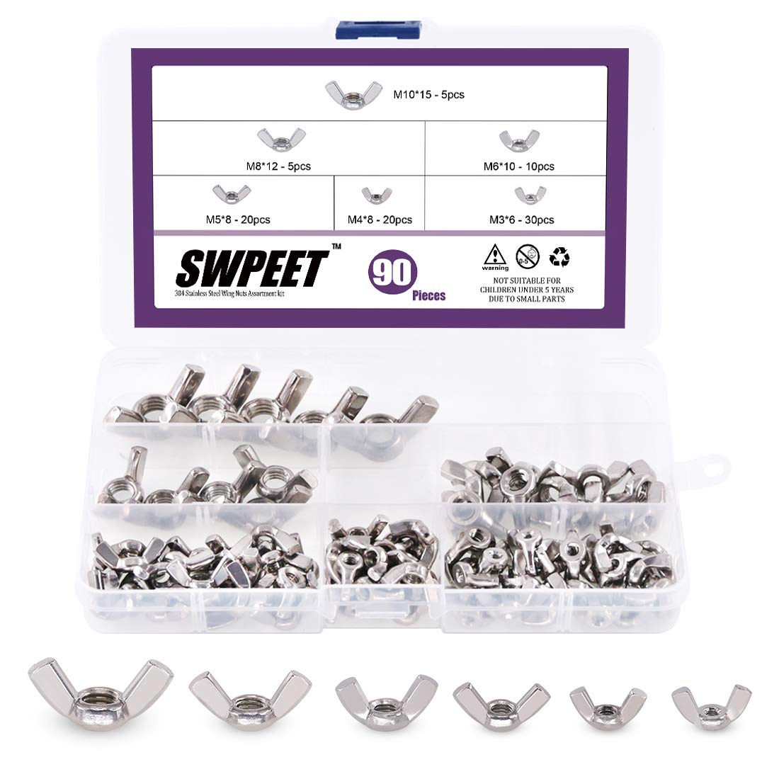 Swpeet 90Pcs 304 Stainless Steel Serrated Metric Wing Nuts Butterfly Nuts Hex Dome Cap Assortment Kit, 6 Sizes - M3 M4 M5 M6 M8 M10