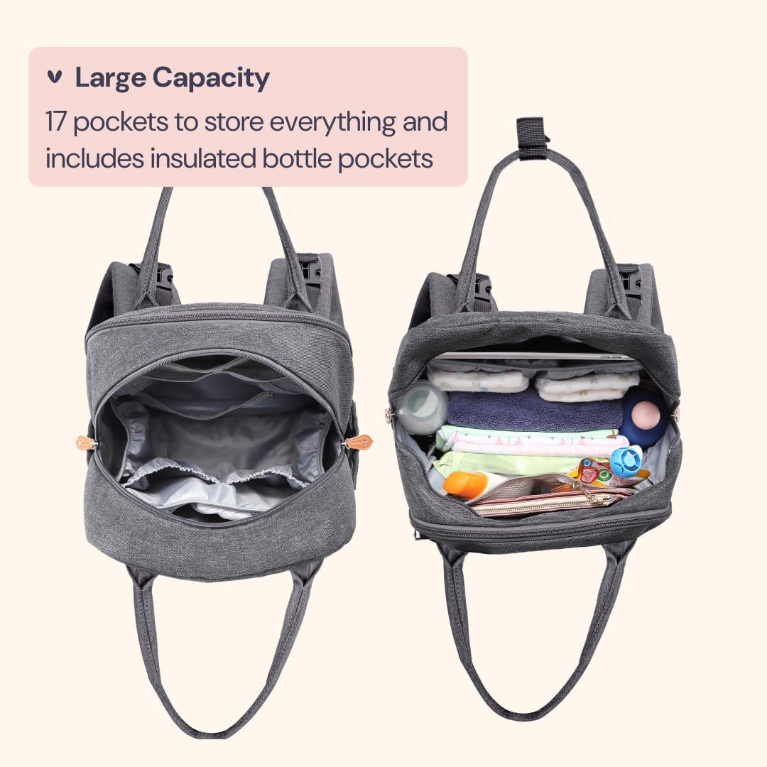 BabbleRoo Diaper Bag Backpack - Baby Essentials Travel Tote - Multi Function Water Resistant Diaper Bag, Travel Essentials Baby Bag with Changing Pad, Stroller Straps & Pacifier Case - Dark Gray
