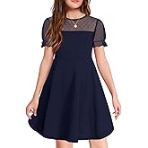 Haloumoning Girls Contrast Mesh Puff Short Sleeve Dress Kids High Waist A Line Casual Dresses with Pockets 4-14 Years
