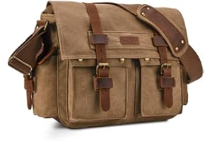 Kattee Military Messenger Bag Canvas Leather Shoulder Bag Fits 14.7/15.6 Inch Laptop