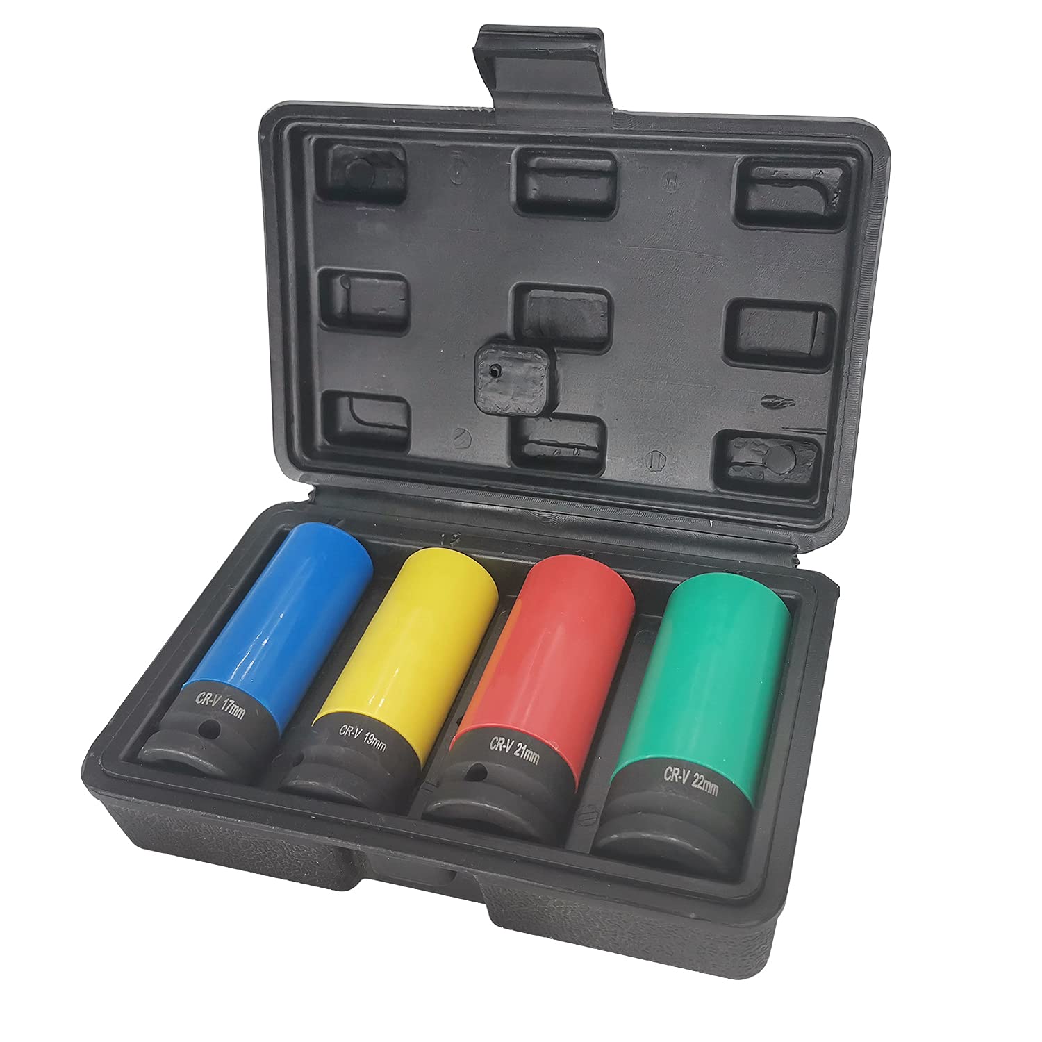 ACEBON 1/2 Inch Drive Wheel Protector Impact Socket, Thin Wall Deep Socket Set with Plastic Sleeve, Metric, 4 Pcs Set, 17mm, 19mm, 21mm, 22mm