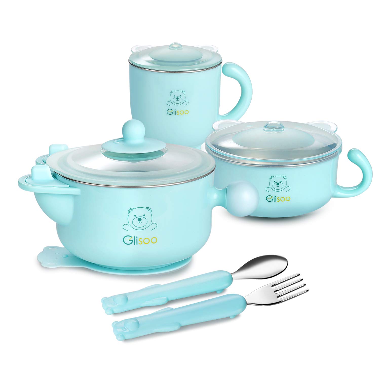 GLISOO BPA Free & 316 Stainless Steel 6 Piece Children’s Dinnerware,Kids Mealtime Set for Healthy Infant Feeding, Great Gift for Baby Birthdays & Preschool Graduations ，Mint Green