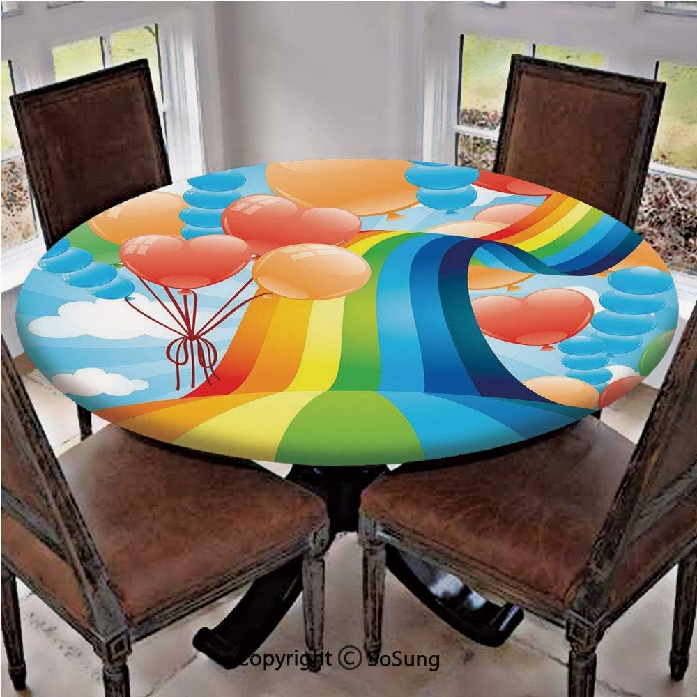 Elastic Edged Polyester Fitted Table Cover,Rainbow Sky with Balloons Hearts Colors Romantic Love Valentines Spring Theme,Fits up 45"-56" Diameter Tables,The Ultimate Protection for Your Table,Multi