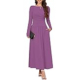 ZTMZA Women's 2025 Fall Long Sleeve Maxi Dress Crewneck Elegant Ruched Waist Casual Slim Pleated A Line Flowy Long Dresses