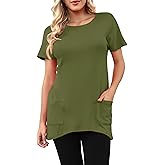 Melynnco Womens Casual Summer Tunic Tops to Wear with Leggings Short Sleeve Long Shirts with Pockets