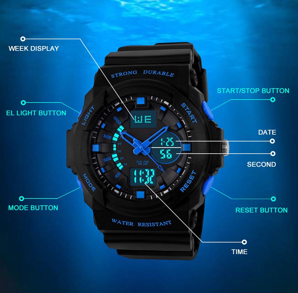 Kinder Jungen Analog Digital Uhren - 5 ATM Wasserdichte Sports Uhren mit Dual Time/Alarm/Chime stündliches, Elektronische im Freien Sport Armbanduhr für Teenagers Kinderuhren - Schwarz von VDSOW