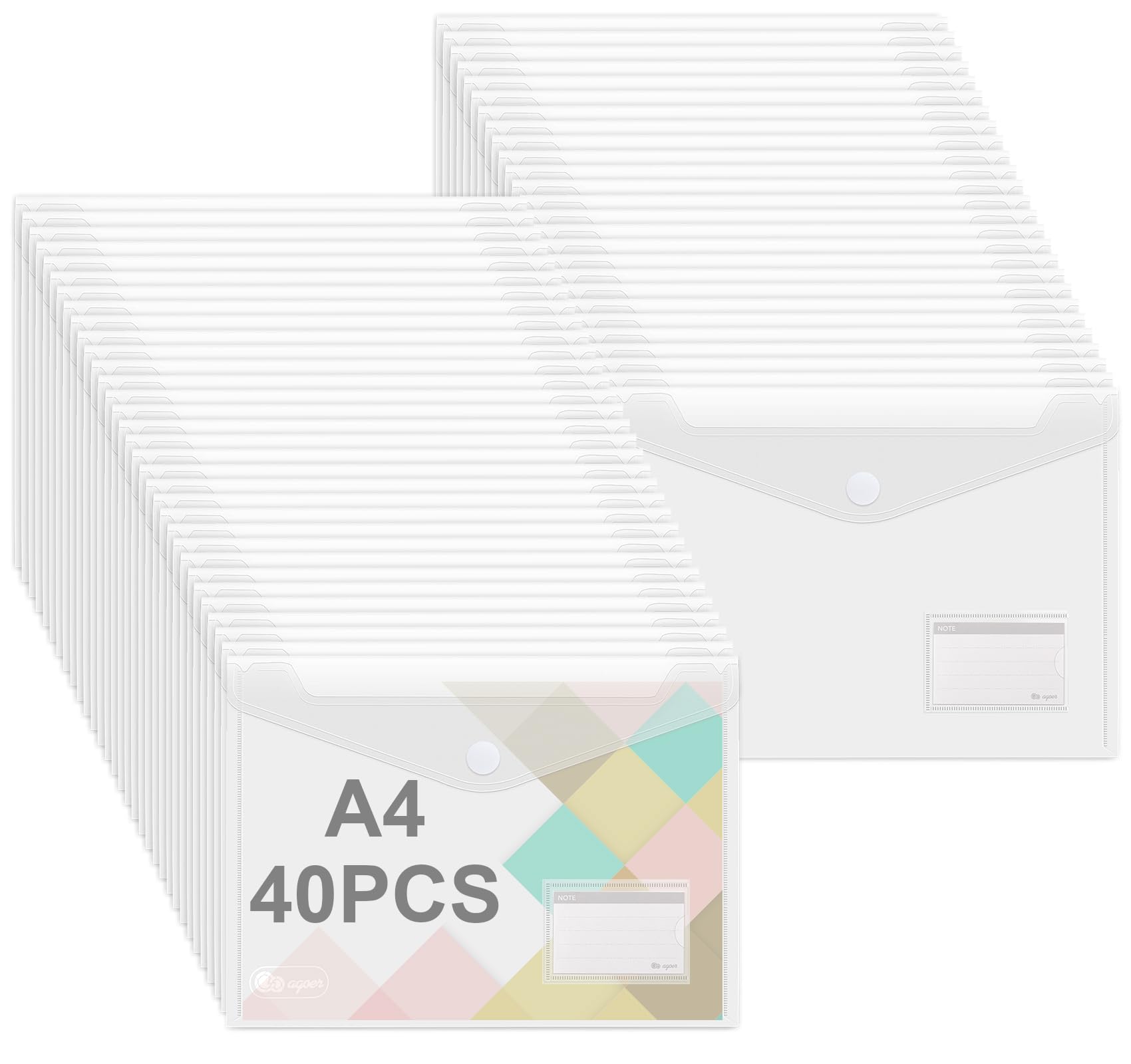 Agoer 40 PCS Plastic Wallets A4, Crystal Clear Folders Larger A4 Size,Plastic Envelopes with Hook and Loop, Label Pocket for Office, Home, Travel, School and Teacher Supplies