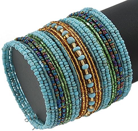 Avalaya Wide Snow Light Blue/Gold/Peacock/Apple Green Glass Bead Flex Bracelet - Adjustable - 60mm W, gold, green, light blue - Image 3