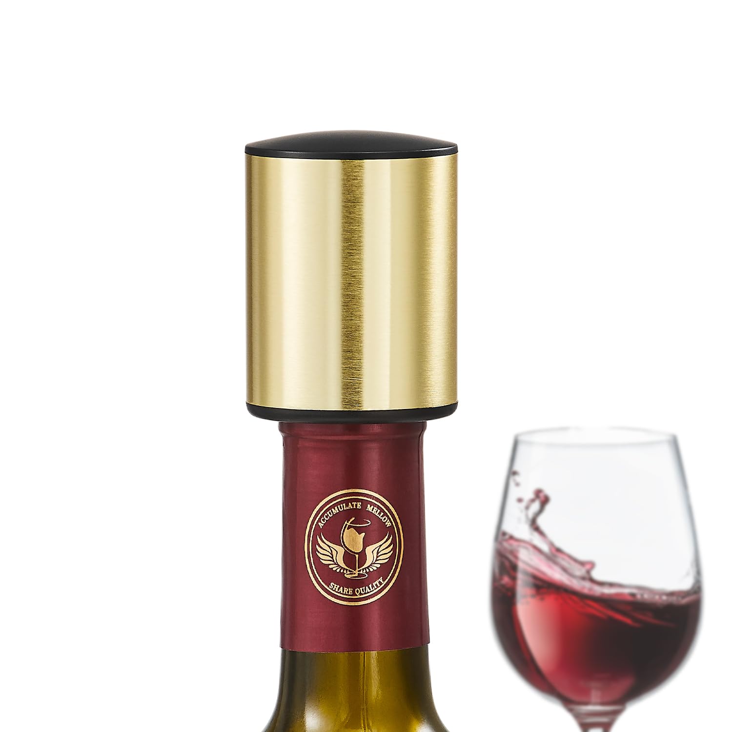 ELMWAY VinoLux Series Vacuum Wine Stopper – Pump Seal with Stainless Steel Shell, Preserves Wine Freshness, Easy Removal & Reusable Design, for Home, Parties & Wine Lovers – Gold