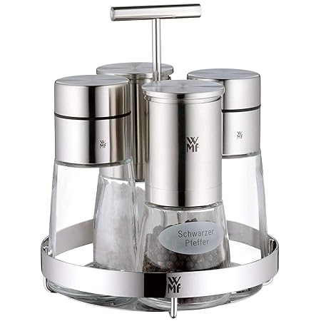WMF De Luxe Menage-Set, 5-teilig, Dosierer, Salzmühle, Pfeffermühle Ständer, Cromargan Edelstahl rostfrei, Glas, spülmaschine