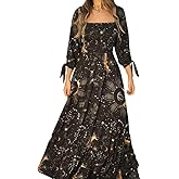 CORAMOON Womens Boho Maxi Dress 3/4 Long Sleeve Casual Sundresses Celestial Print Flowy Summer Fall Beach Dresses for Women