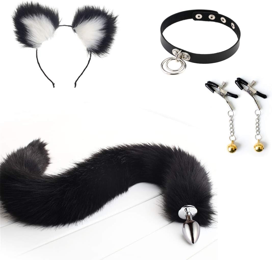 Role Play B-ü-t-t P-l-ǔ-g Fox Tail + Collar Choker,Clip +Cat Ears Headband, 4Pcs Halloween Party Toys(78cm,Black,S)