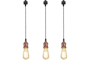 Kiven H-Type Track Lighting Pendants,Industrial h Track Pendant Lights with 31.5 Inch Cord Length Black Weave Rope,3 Pack Track Lighting Fixture,Vintage Red Finish