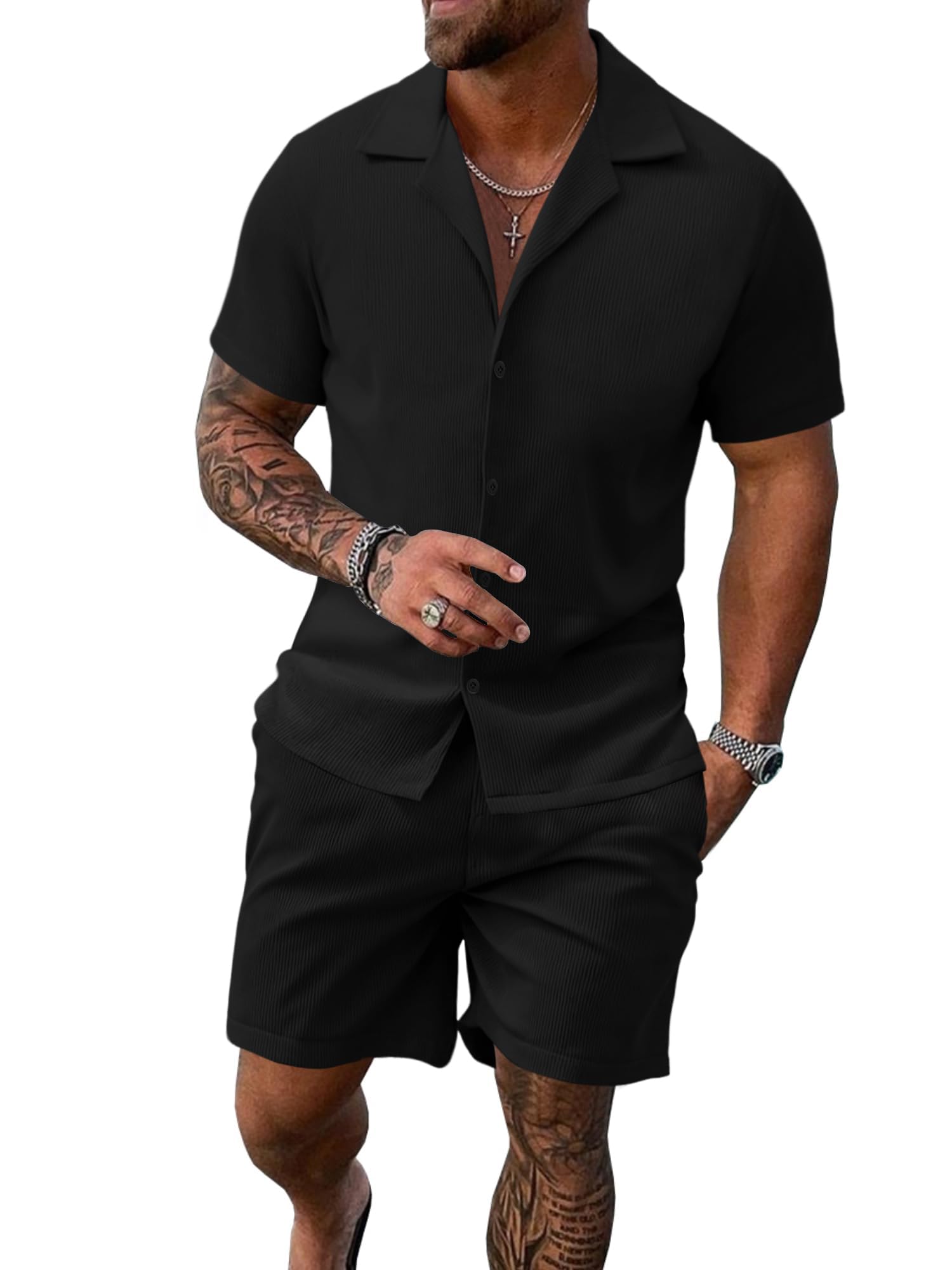 Photo 1 of ***MISSING PARTS***
UOUA 2 Piece Short Sets for Men Summer Beach Outfits Stripe Texture Button Down Shirts & Shorts Casual Vacation Set Black L