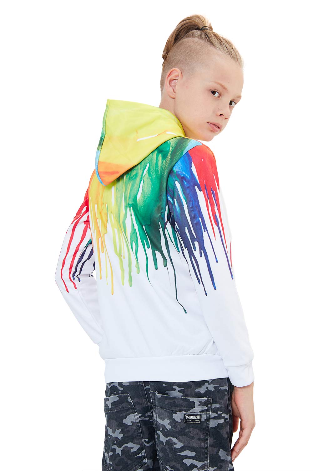 Unisex Teens Girls Boys Hoodies Hip Pop Hoody 3D Splash Rainbow Ink Novelty Pullover Long Sleeve Front Pocket Sweatshirt for Party Sports School Medium 5-6 Years