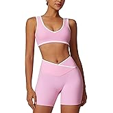 ABOCIW Workout Sets for Women Color Block Sports Bra Crossover Waist Shorts 2 Piece Gym Yoga Pilates Outfits