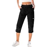 GRAPENT Capri Cargo Pants for Women High Waisted Pull On Elastic Waist Stretch Twill Fold Hem Capris Pants with Pockets