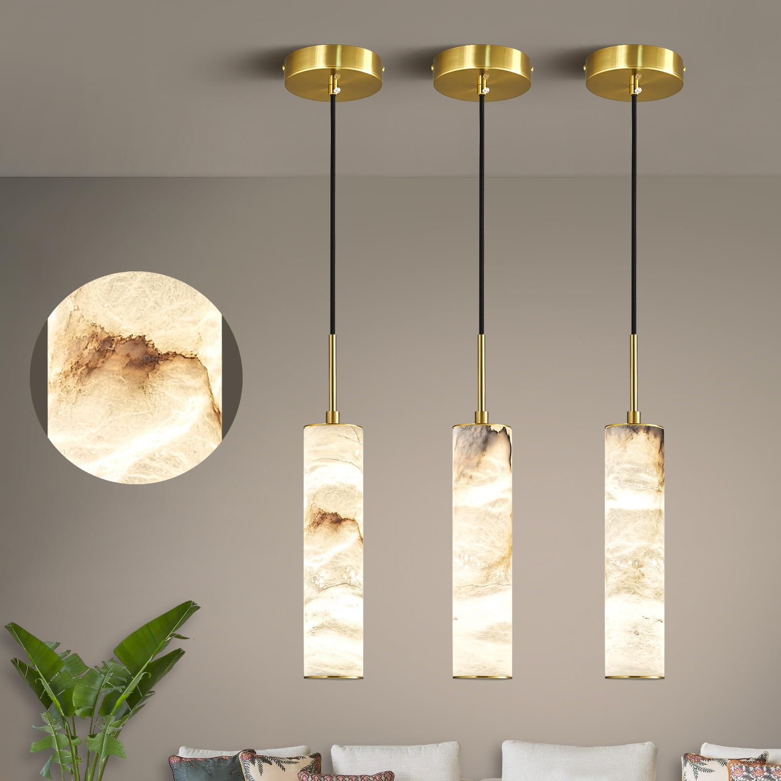 Photo 1 of LMQNINE Natural Alabaster Pendant Lights for Kitchen Island White Marble Long Tube Chandelier Modern Gold Ceiling Light Fixtures for Bedroom Dining Room Table Living Room Hallway(S-3Pack)
