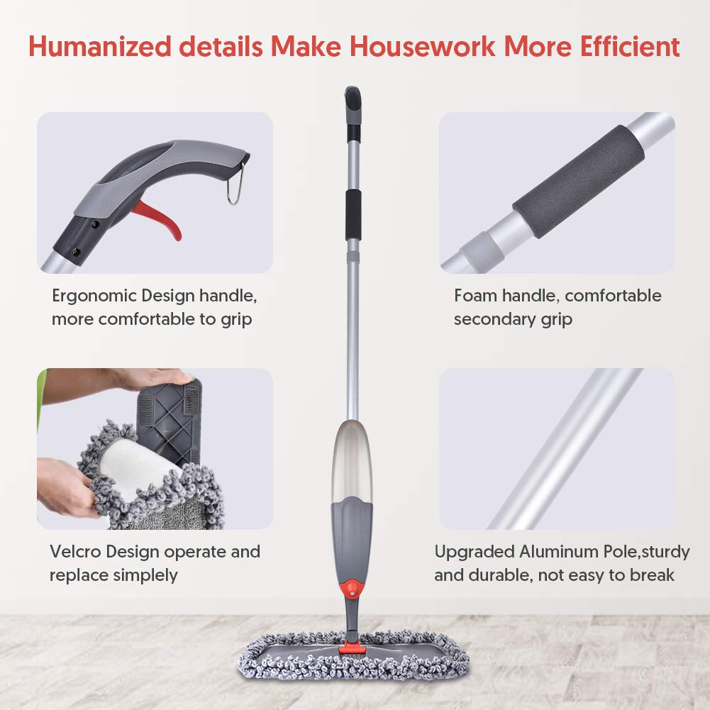 Spray Mops for Floors Domi-patrol Microfibre Flat Floor Mop with Sprayer Dry Wet Cleaning for Hardwood Laminate Tiles Floors Dust Mop with 3 Reusable Microfiber Pads & Refillable Bottle - Image 3