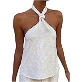 MakeMeChic Women's Halter Tops Criss Cross Backless Cute Going Out Tops Sleeveless Tie Casual Textured Shirt