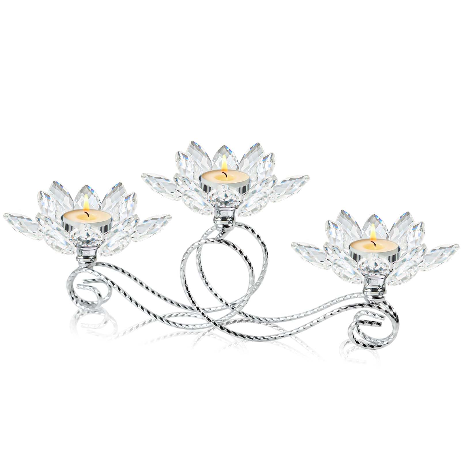 Photo 1 of Kehail Siver Crystal Metal Tea Light Candle Holder Set, 3-Arm Flower Shaped Crystal Votive Candlestick Holders for Table Centerpiece, Wedding Shower, Party and Home Decor