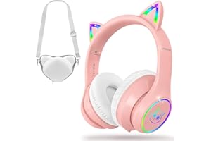 LOBKIN Bluetooth 5.4 Kids Headphones with Case - RGB LED Light Up Cat Ears Foldable Adjustable Over Ear Headphone Support Wireless or 3.5mm Wired Mode for Toddler & Girls & Boys Teens