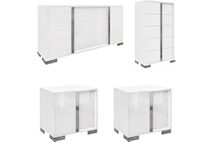 AMERLIFE 4 Piece Bedroom Dresser Set, Modern High Gloss UV Finish, 2 Nightstands, Chest of 5 Drawers & 6 Drawer Dresser, Electroplated Metal Handles, Bedroom Furniture Set, White