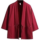 Men's Cotton Blends Linen Open Front Cardigan Embroidery Kimono Jackets