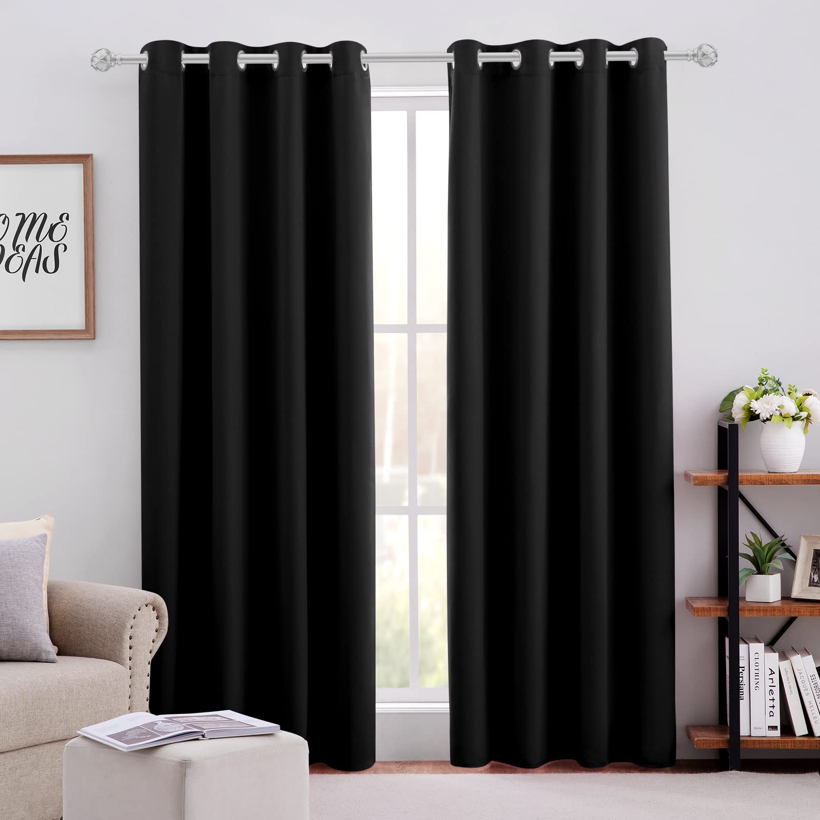 HOMEIDEAS Black Blackout Curtains 2 Panels 52 X 96 Inch Drop Room Darkening Eyelet Curtains for Bedroom Living Room, Thermal Insulated Light Blocking Window Drapes