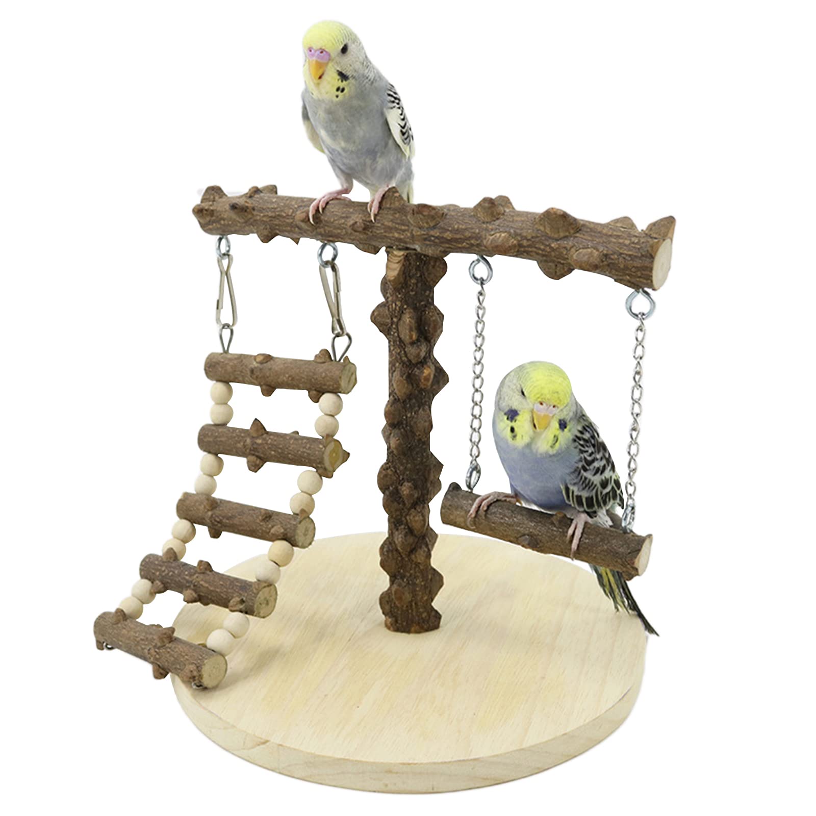 WishesMar Bird Playground Simple Parrot Play Stand with Swing and Climb Ladder Small Budgie Playground Cage Exercise Gym Toys for Parakeets Cockatiel, Wooden, Size about 8.6x8.6x8.5 In