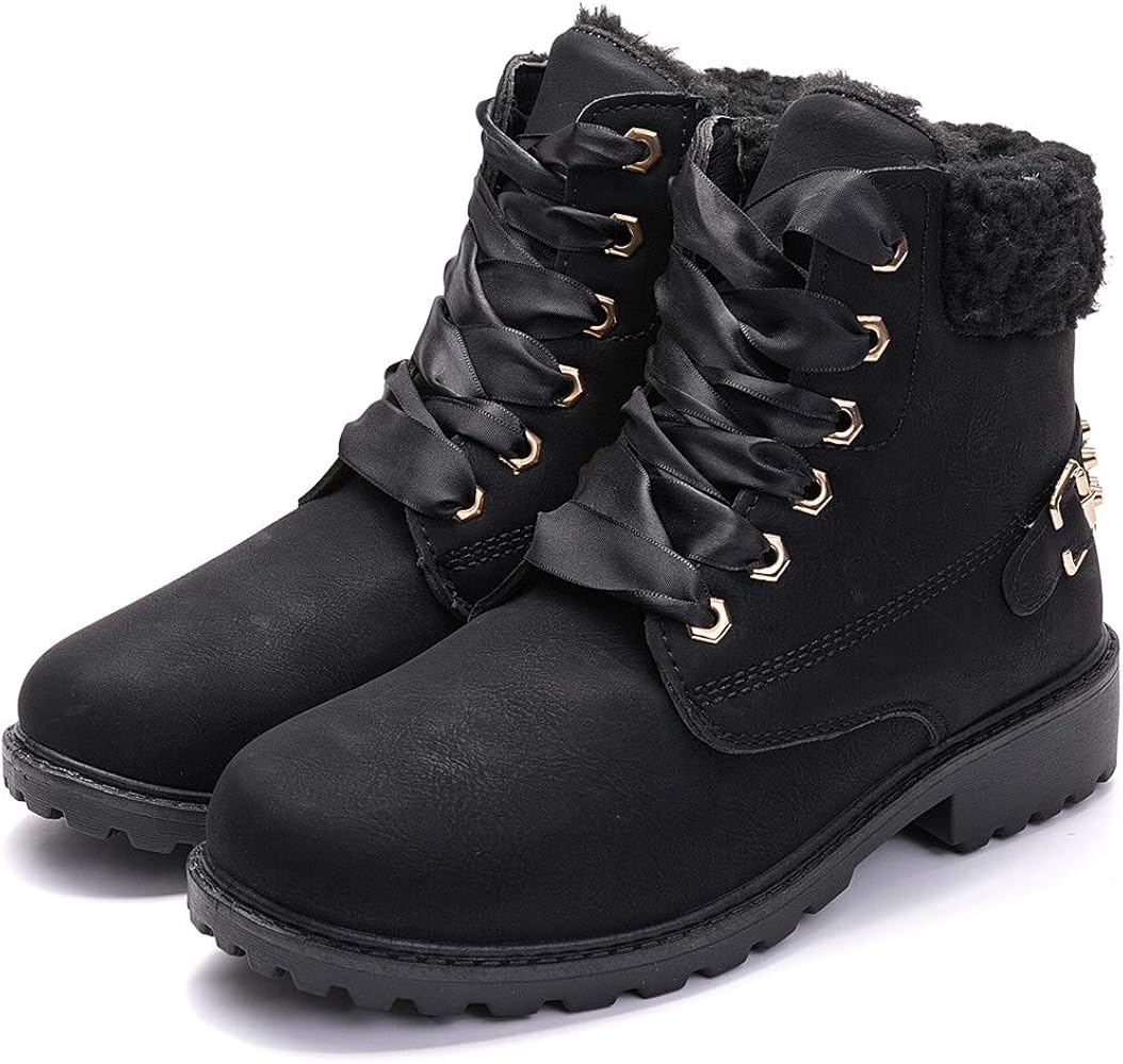  | DADAWEN Women's Round Toe Waterproof Outdoor Lace up Work Combat Ankle Bootie Fur Lined Warm Winter Snow Boots | Snow Boots