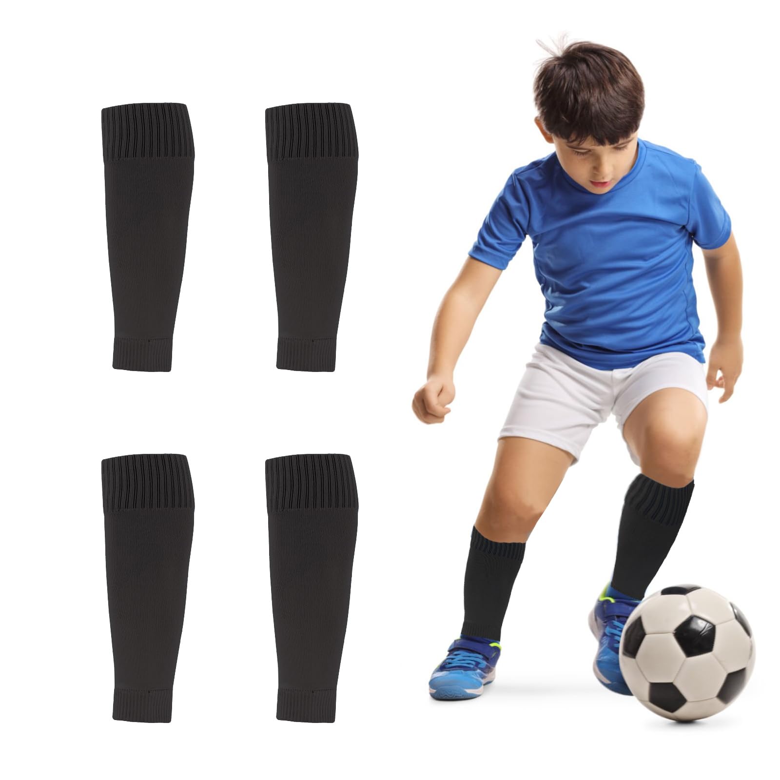 2 Pairs Football Sock Sleeves, Soccer Shin Guards Sleeves, Team Leg Sock Cut Socks for Football Games Beginner (Black Kids)