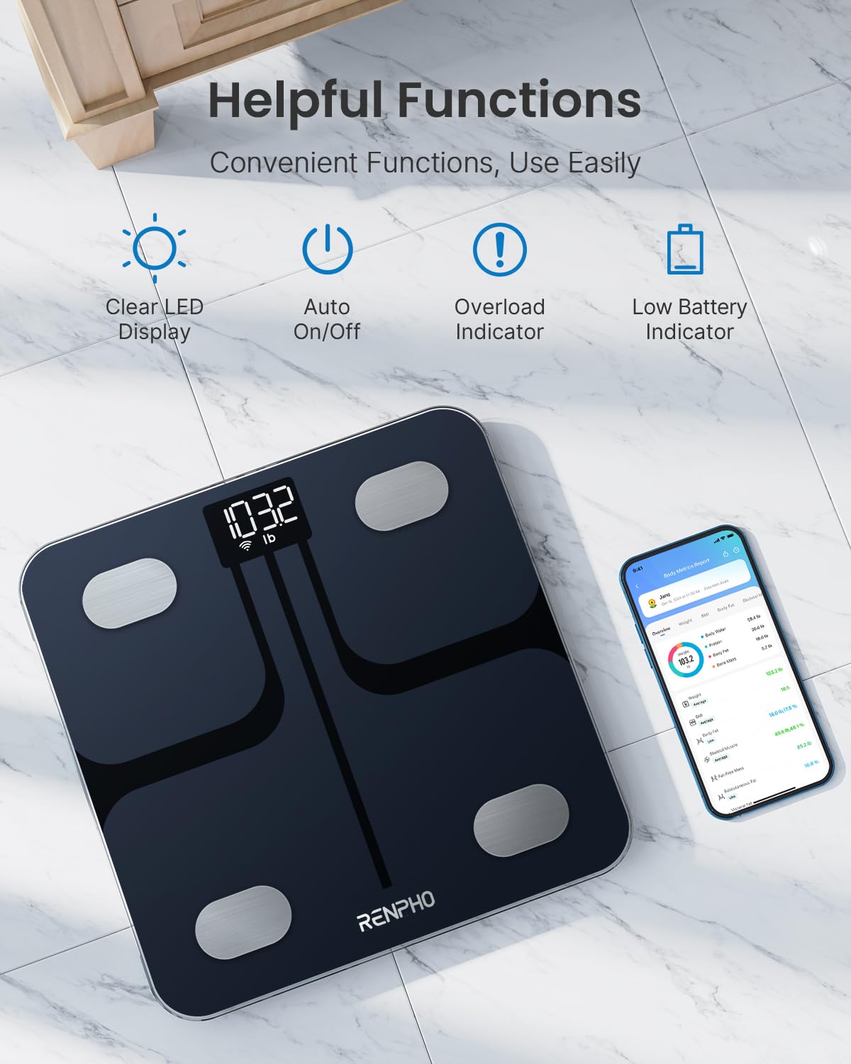 RENPHO Wi-Fi Bluetooth Scale Smart Digital Bathroom Weight BMI Body Fat Scale Tracks 13 Metrics, Wireless Body Composition Analysis & Health Monitor with Lighted LED Display - Elis Aspire