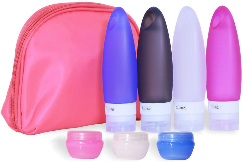 SANTREST Portable Soft Silicone Travel Bottles Set TSA Approved Carry on Shampoo Conditioner Bottle Leak Proof Design BPA Free for Cosmetics 3.3 Oz with Comestic Bag(Pink)