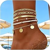 FAXHION Gold Anklet Set for Women, Layered Ankle Bracelets with Beads & Shell Charms, Adjustable Beach Foot Jewelry Ankle Bracelet for Summer Vacation